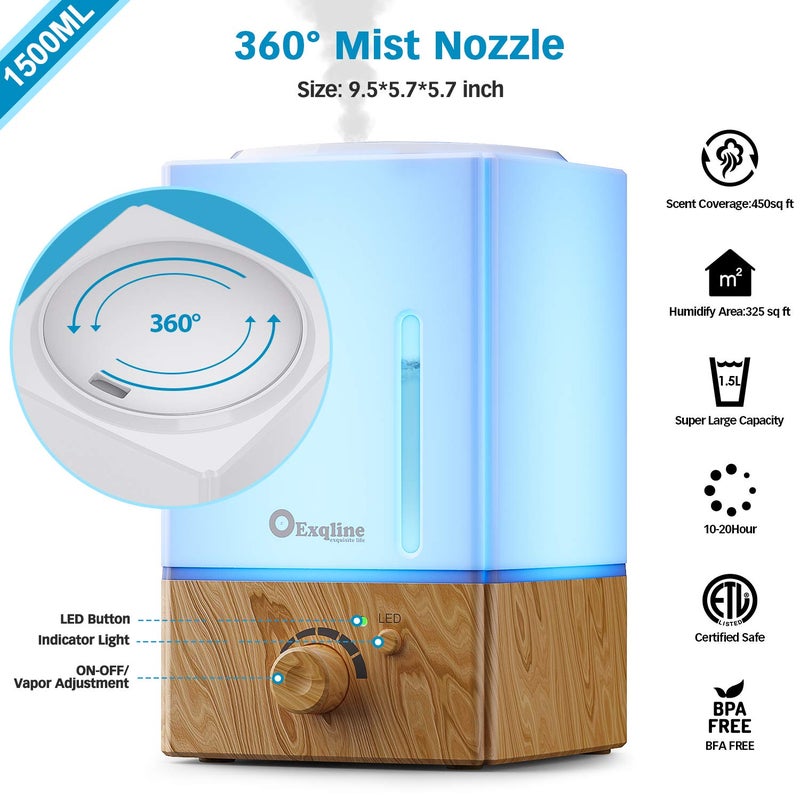Exqline 1500ml Large Aroma Essential Oil Diffuser - Unique Aromatherapy Humidifier for Large Room (Wood Grain) - Image 4